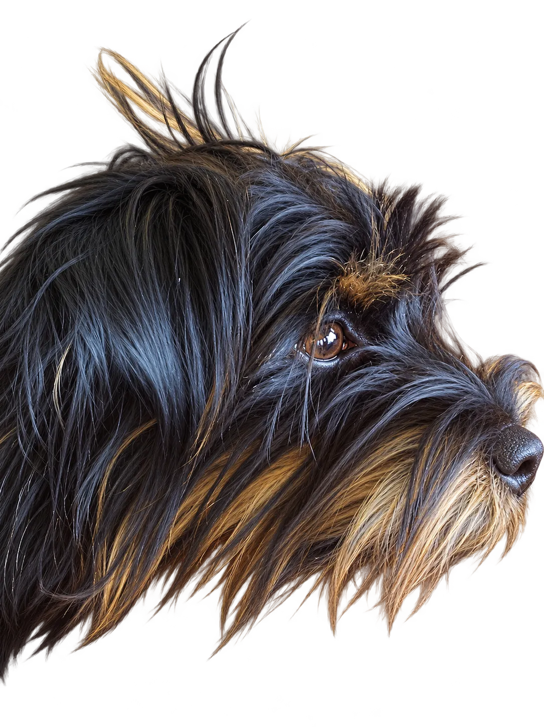A close-up of a black dog resting its head on an orange cushion.